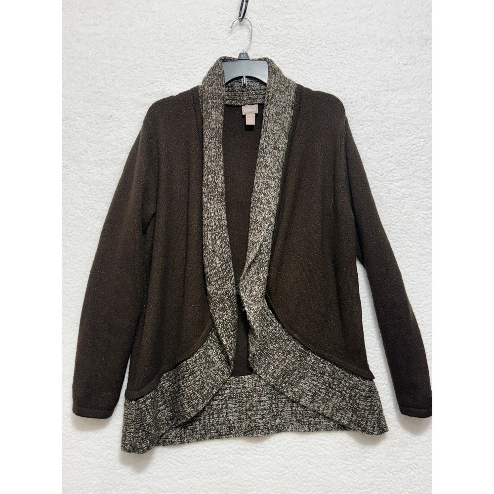 Chicos Brown Open Front Cardigan Sweater Shimmer Knit Trim Womens Size 3 XL‎